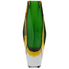 Italian Murano Glass Green and Yellow Sommerso Faceted Vase by Mandruzzato