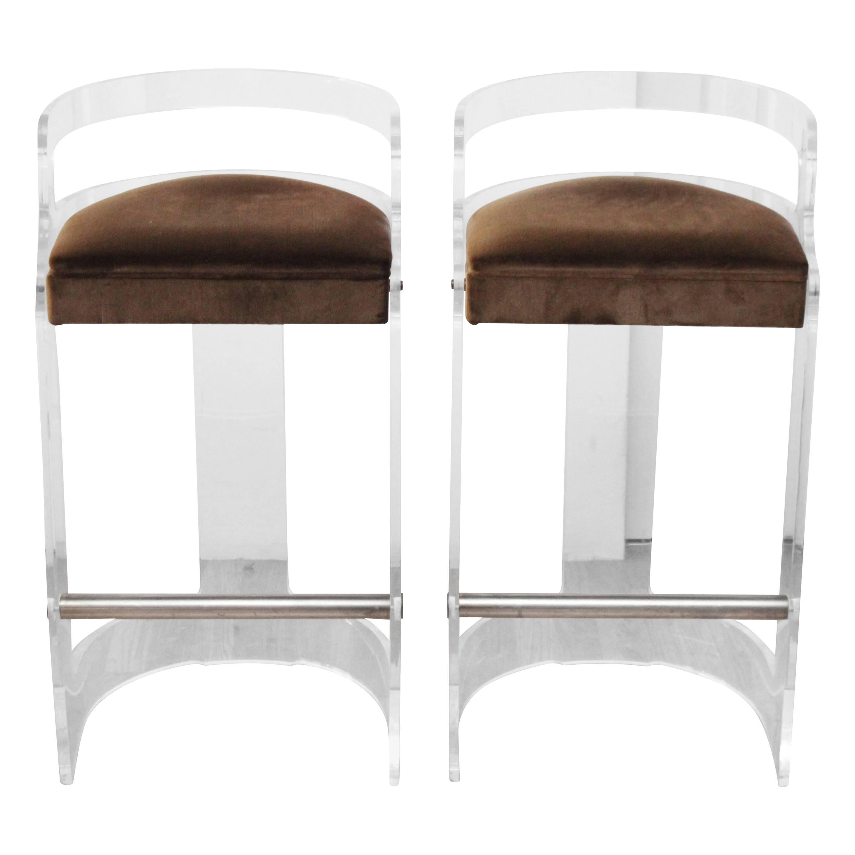 Pair of Hill Manufacturing Lucite Bar Stools with Lucite Bar