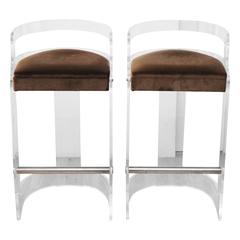 Pair of Hill Manufacturing Lucite Bar Stools with Lucite Bar
