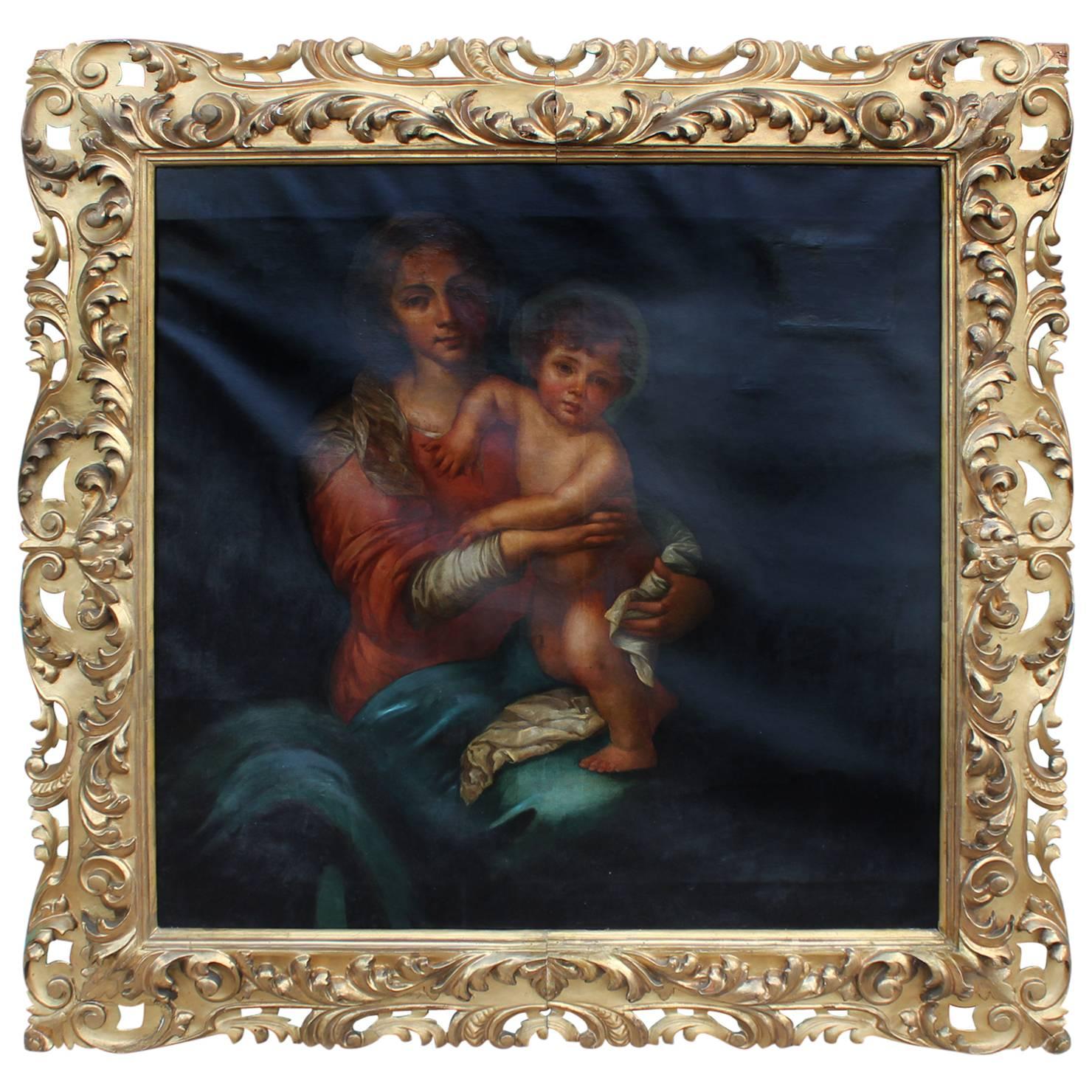 19th Century Oil Painting of Madonna and Child in Ornate Gilded Frame