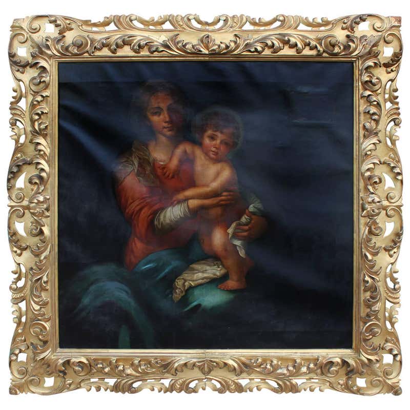 19th Century Oil Painting of Madonna and Child in Ornate Gilded Frame ...