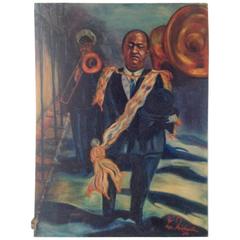 Vintage  Moody New Orleans Musician Scene Funeral Procession Oil Painting