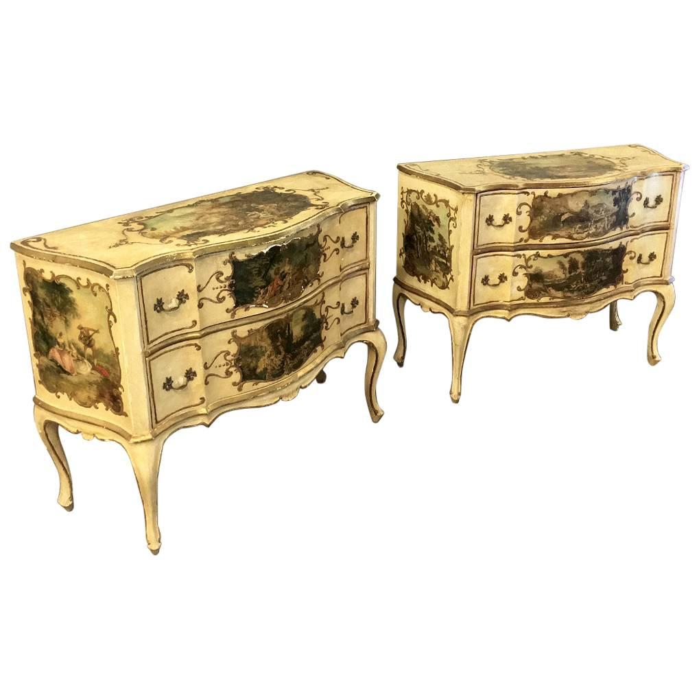 Pair of Antique Venetian Serpentine Hand-Painted Commodes with 10 Artworks