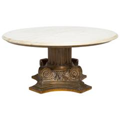 Carved Wood and Gilt Capital Round Marble-Top Table