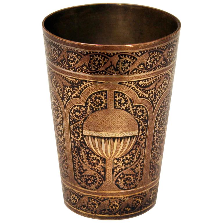 Antique Indian Mughal Kashmir Copper Inlaid Brass Islamic Engraved