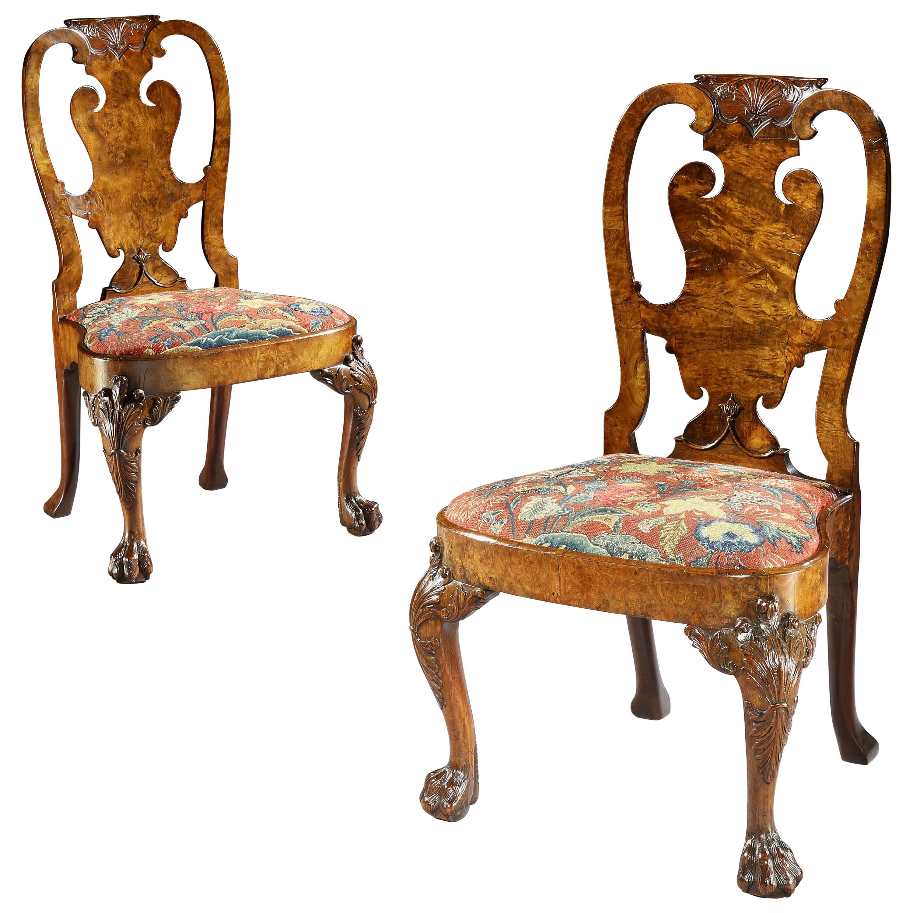 Pair of George II Burr Walnut and Figured Walnut Side Chairs For Sale