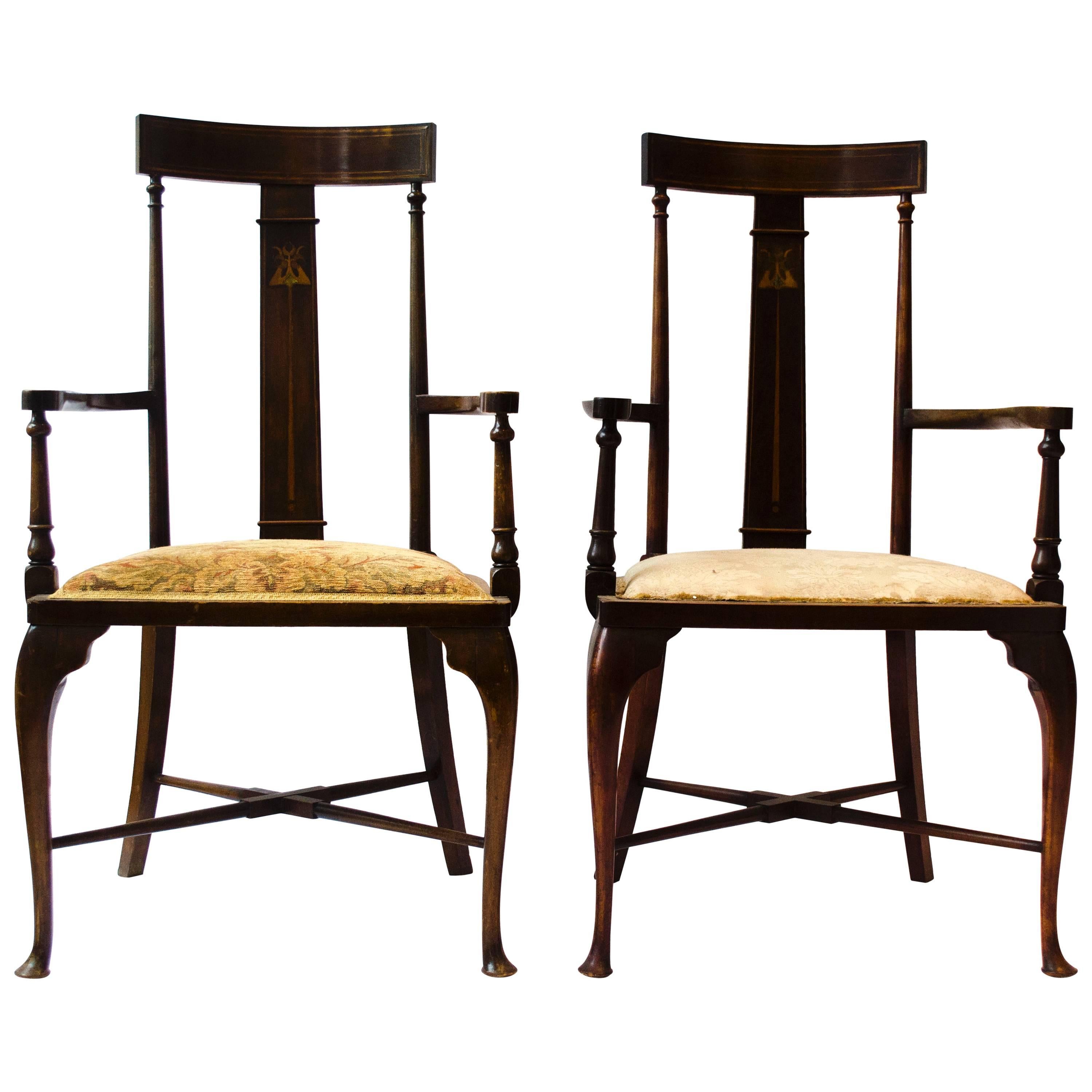 Two Arts & Crafts Armchairs inlaid with Abalone, Walnut, Boxwood & Sycamore