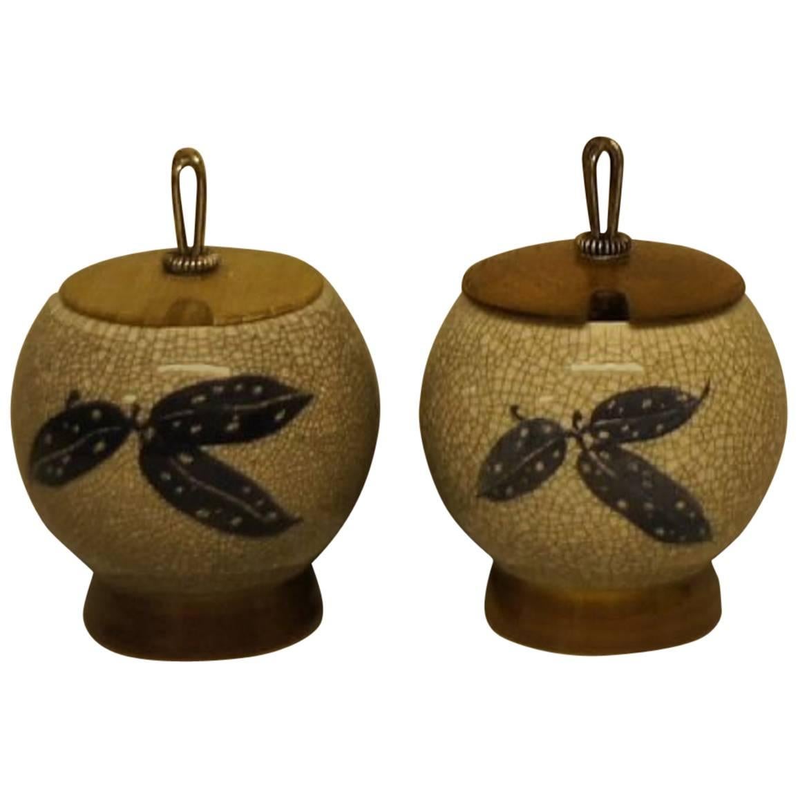 Paar Art Deco Bing & Grondahl Craquel-Vasen mit Deckeln aus Holz und Silber im Angebot