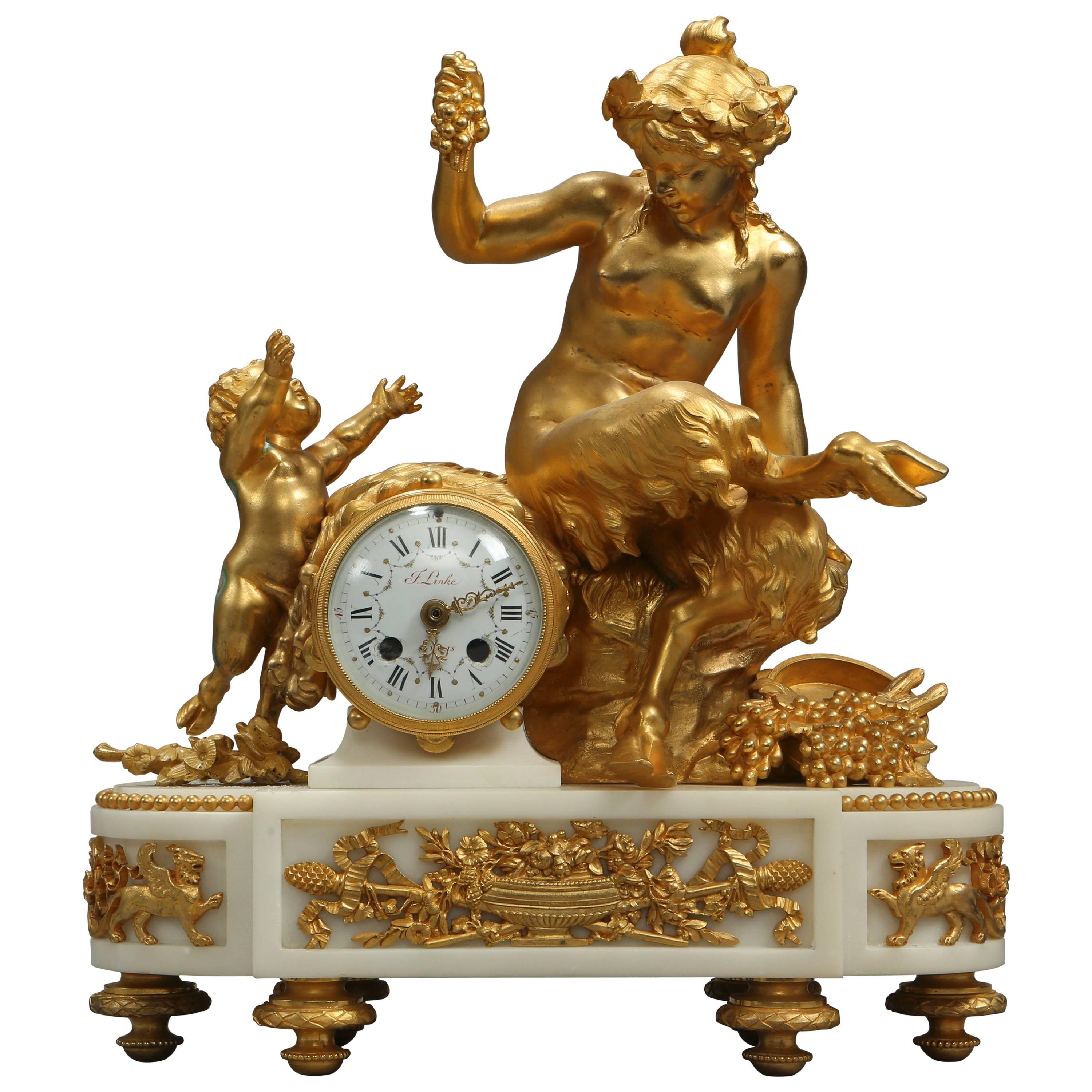 French François Linke Louis XVI Style Gilt Bronze and White Marble Clock For Sale