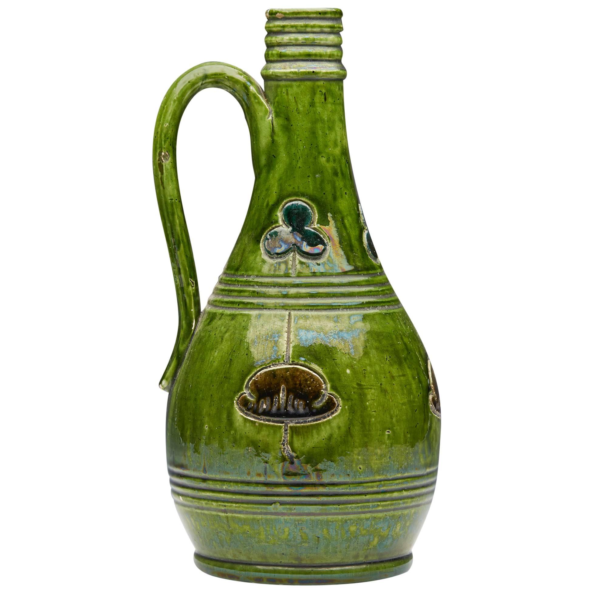 Antique Art Pottery Green Ewer Probably Belgian, circa 1890 For Sale