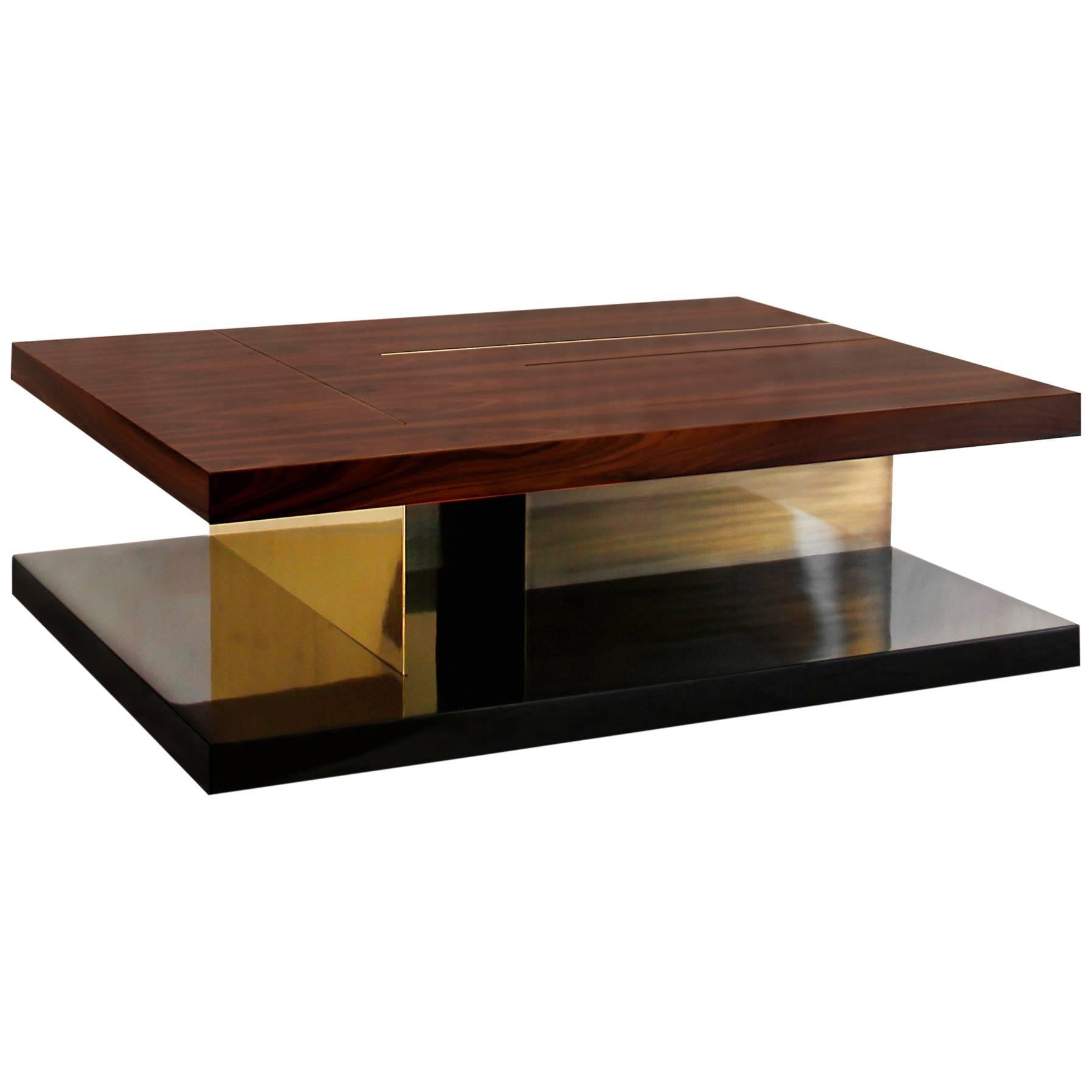 Chloe Coffee Table with High Glossy Lacquer, Veneer Wood and Brass For Sale