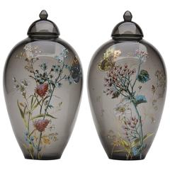 Pair of Antique Moser Butterfly and Floral Lidded Jars, circa 1910