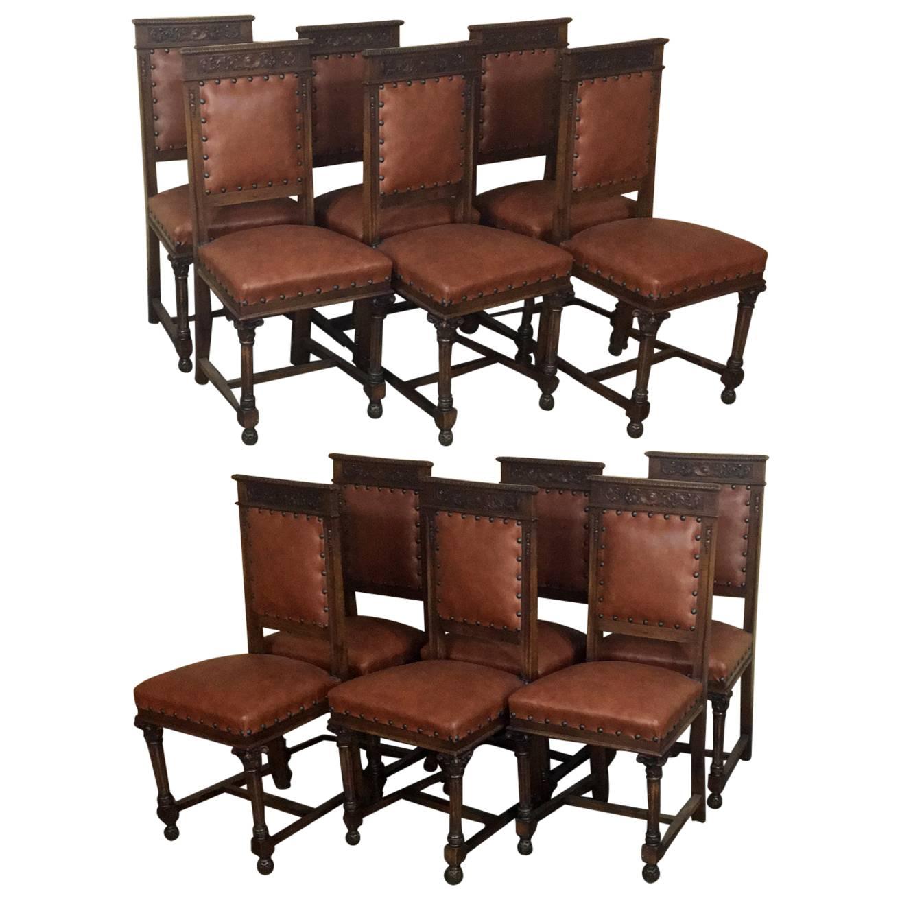 Set of Twelve Italian Neoclassical Hand-Carved Walnut Chairs with Leather