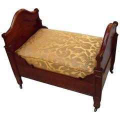 Antique 19th Century Walnut Dog Bed with Silk Damask Upholstery