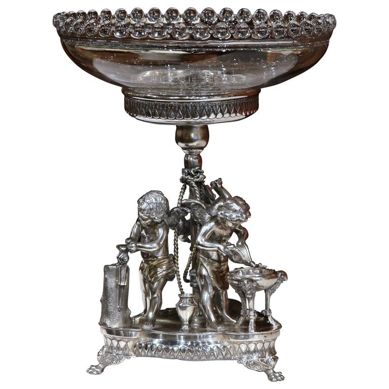 19th Century French Silver Plated Crystal Bowl Centerpiece With 19th Century French Silver Plated Crystal Bowl Centerpiece With Cherub Figures For