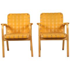 Pair of Quilted Leather and Bentwood Armchairs from Finland