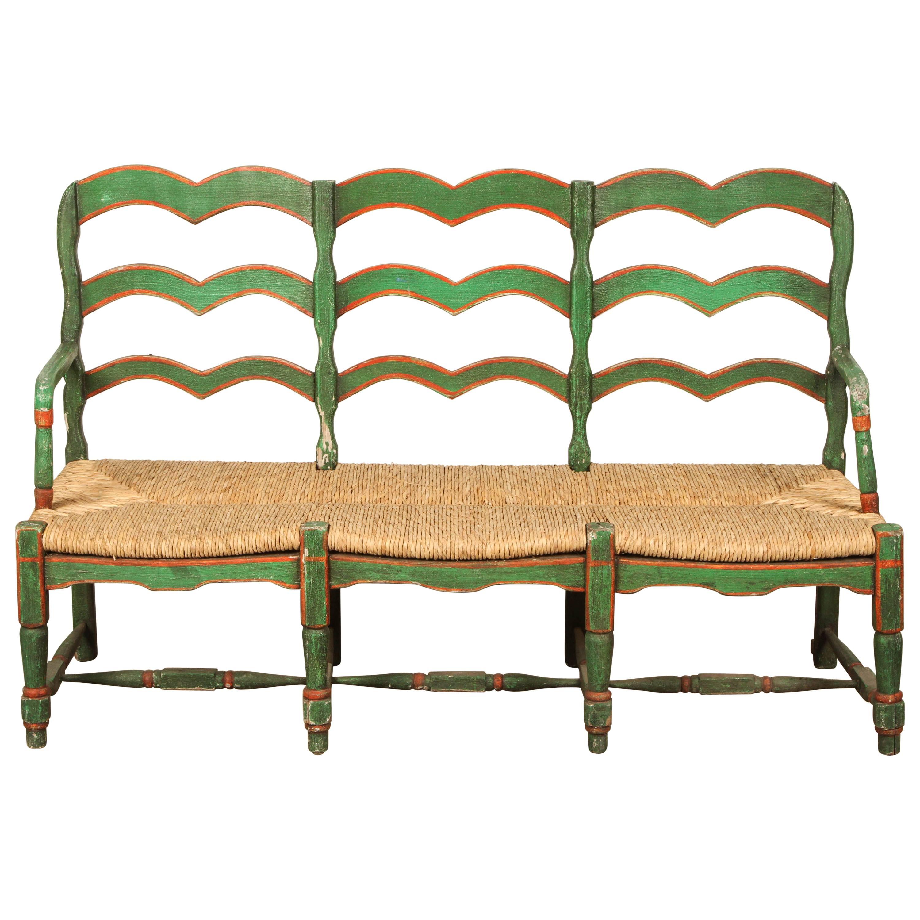 Green and Red Painted Mexican Bench with Rush Seat