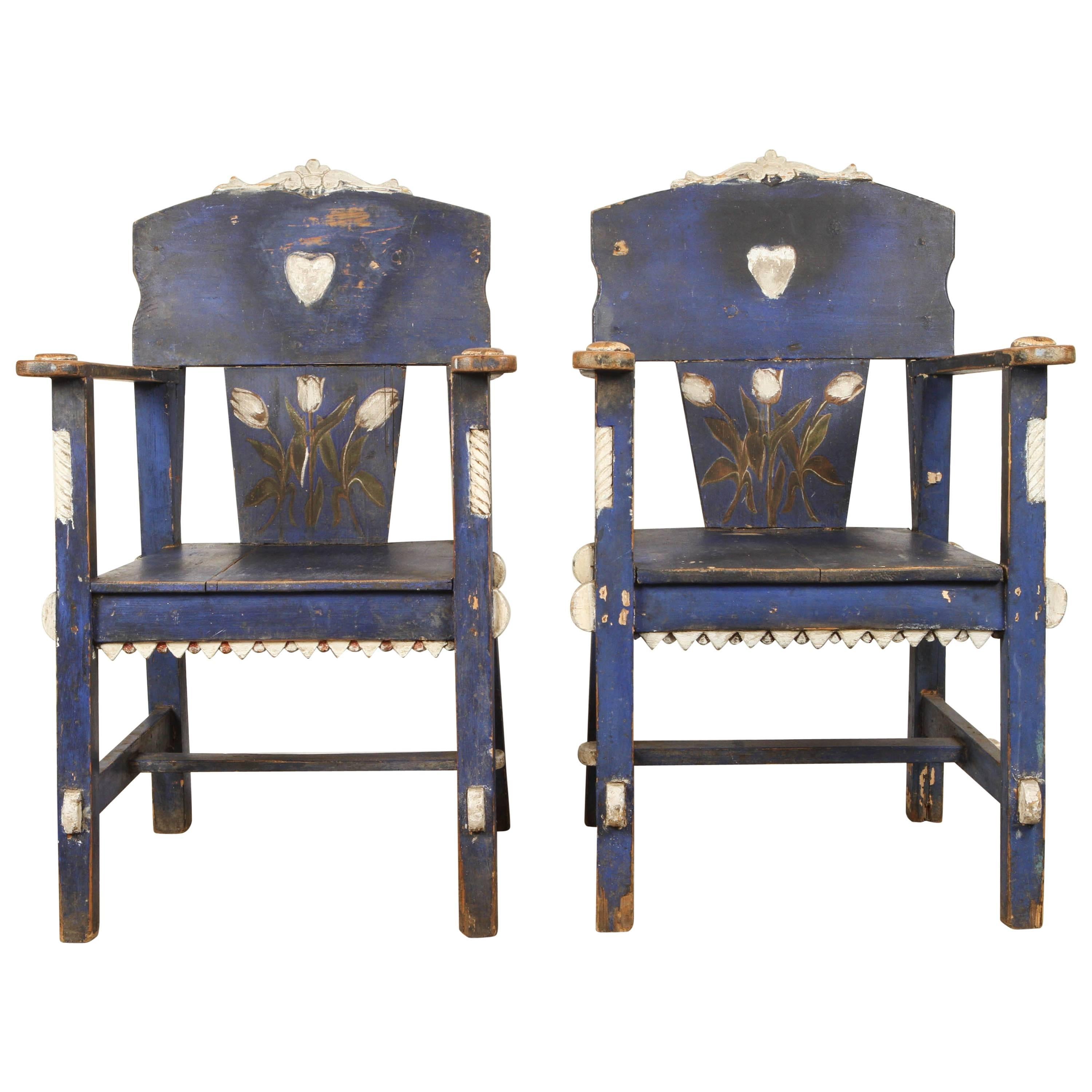 Mexican Blue Painted Chairs with Tuilips