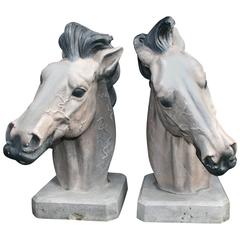 Pair of Signed Painted Composite Stone Horse Bust Sculptures 5