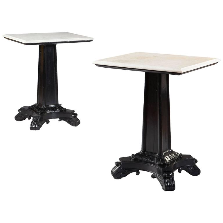 Pair of Ebonized Pedestal Tables with Marble Tops For Sale at 1stDibs
