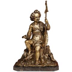 19th Century French Bronze Hunter Figure on Grey Marble Base