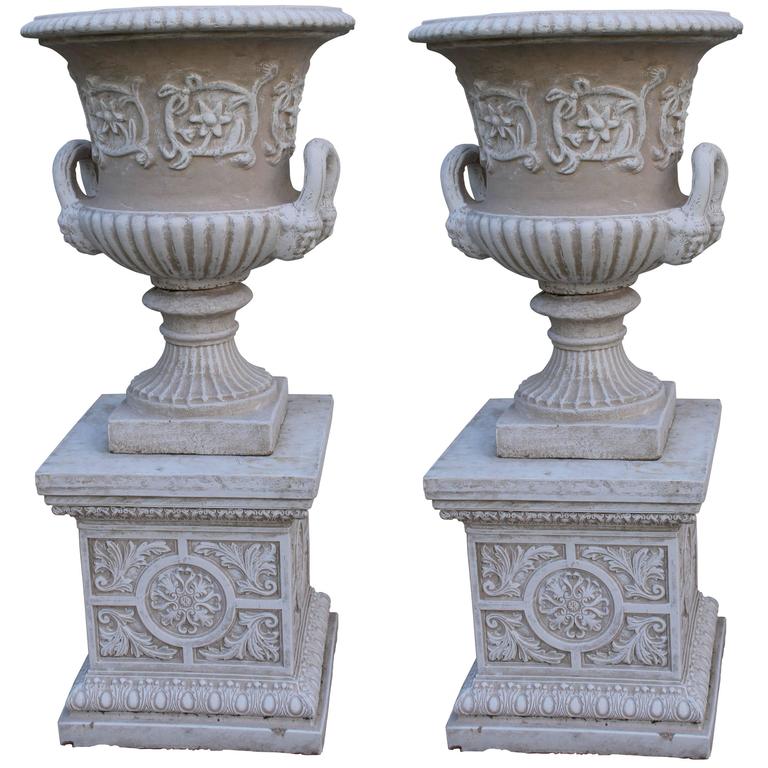 Pair of Heavy Composite Stone Garden Urns on Pedestals at 1stDibs