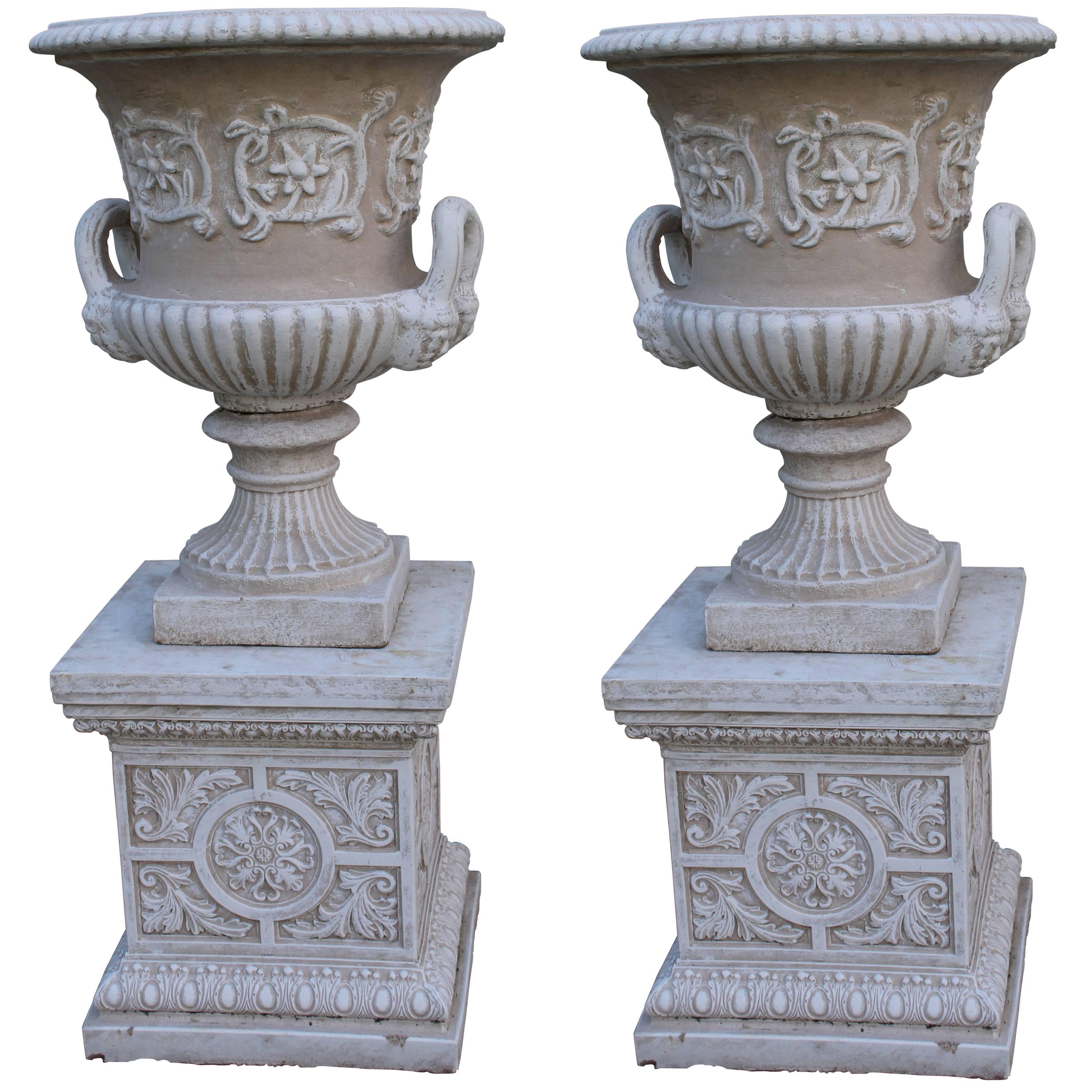 Pair of Heavy Composite Stone Garden Urns on Pedestals