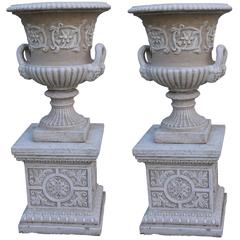 Pair of Heavy Composite Stone Garden Urns on Pedestals