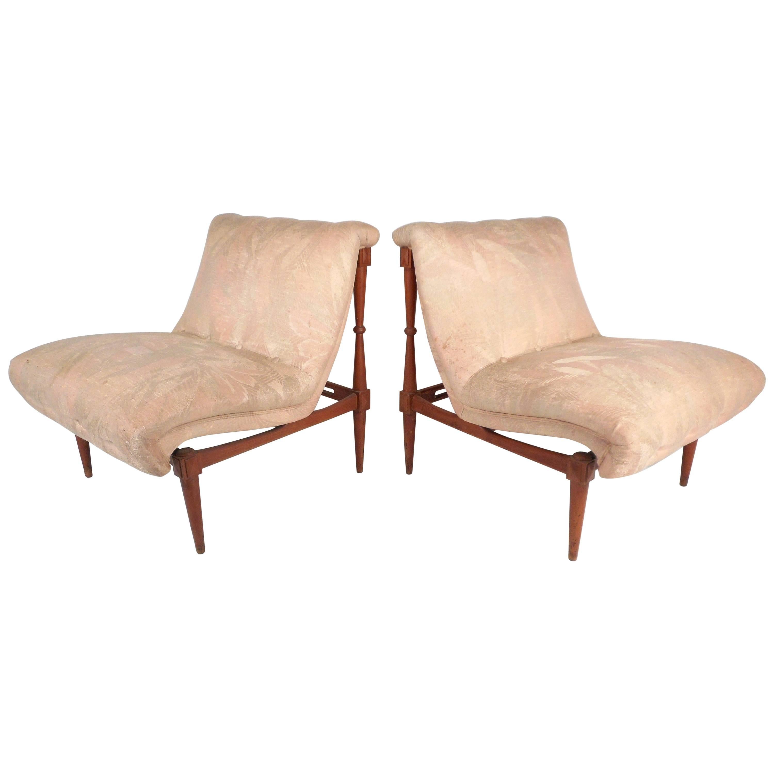 Pair of Mid-Century Modern Sculpted Walnut Slipper Chairs