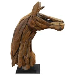 Decorative Driftwood Horse Head Sculpture on an Iron Base, 20th Century