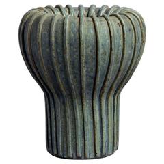 Ribbed Vase with Blue Gray Glaze by Arne Bang, Denmark, 1930s-1940s
