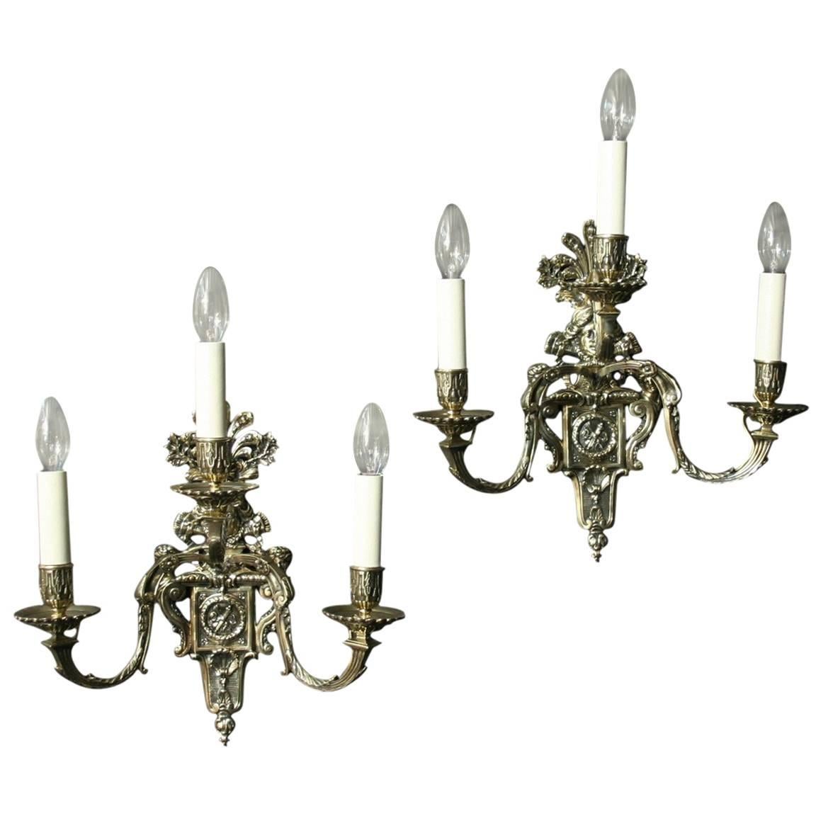 English Pair of Triple Arm Antique Wall Sconces