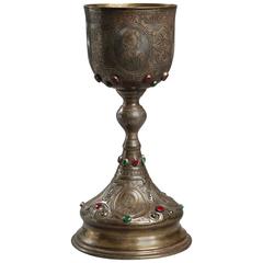 Antique Late 19th Century Engraved Russian Chalice Jewelled with Rubies and Emeralds