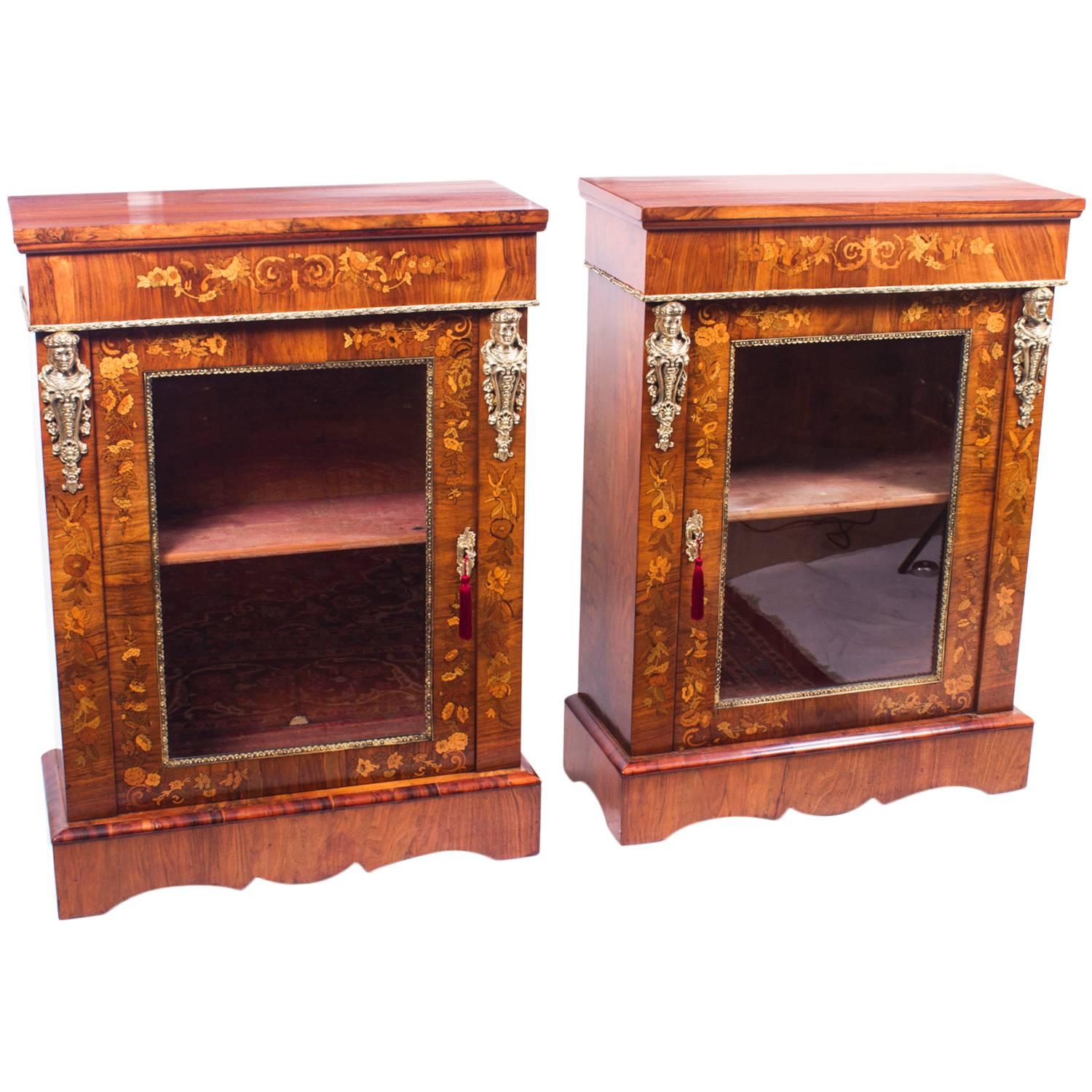 19th Century Pair of Burr Walnut Marquetry Pier Cabinets