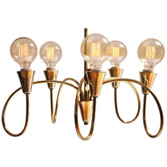 Long  Drop Five Arms Brass Chandelier in the Style of Stilnovo, 1950s , Italy