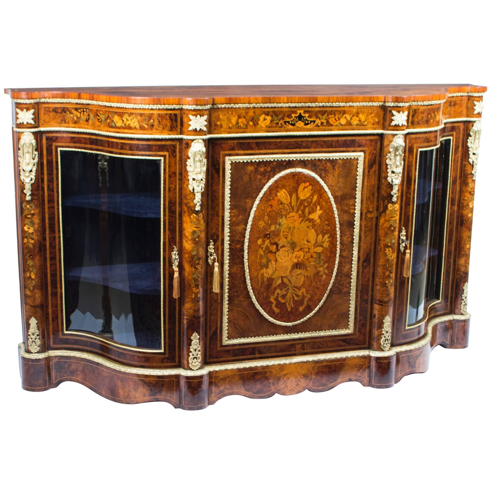Antique Victorian Serpentine Burr Walnut Marquetry Credenza, circa 1860