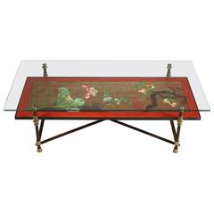 Retro Coffee Table with Japanese Lacquered Style Top Attributed to Maison Jansen