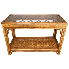 Handsome Rattan and Glass Console Table