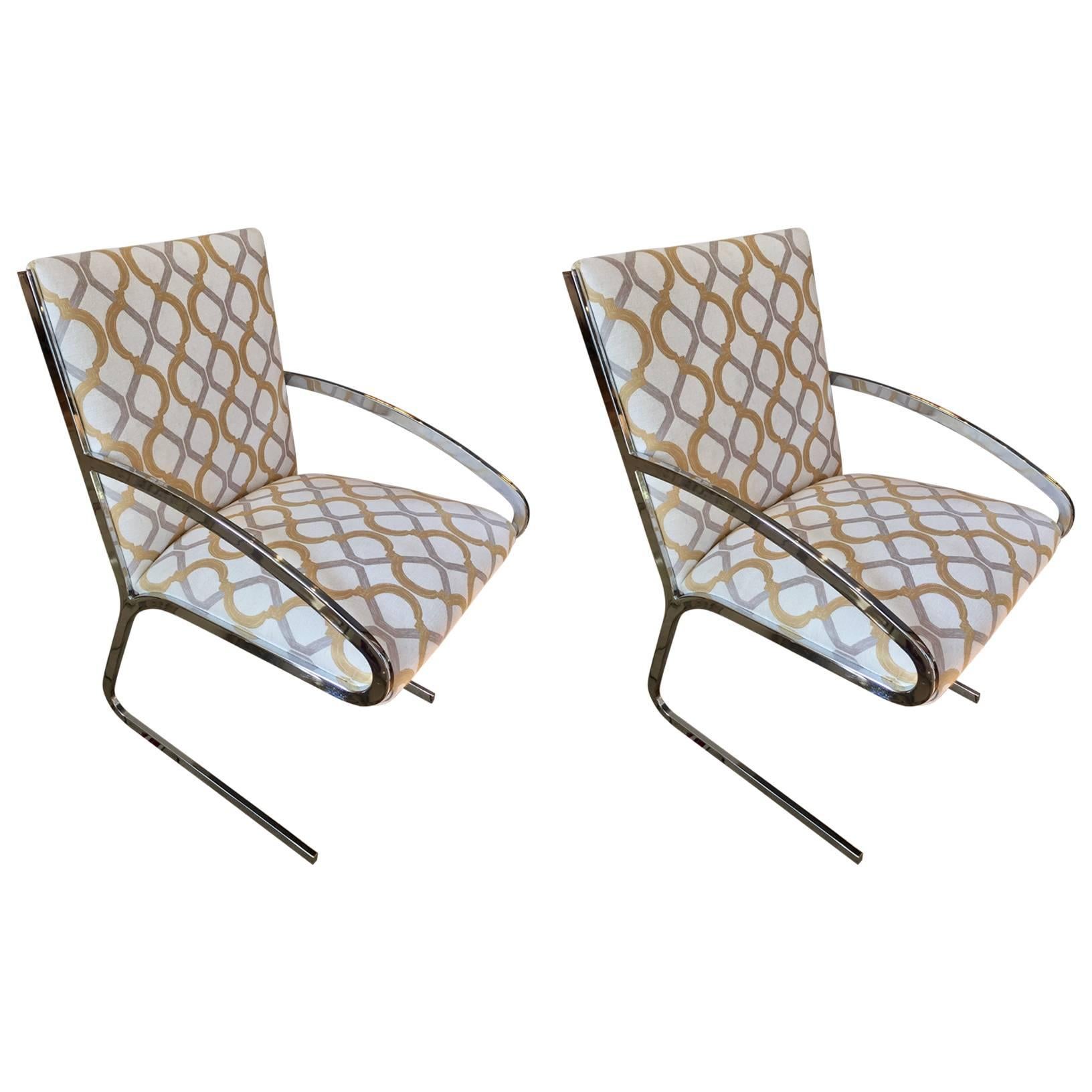 Pair of Mid-Century Modern Chrome and Chenille Armchairs For Sale