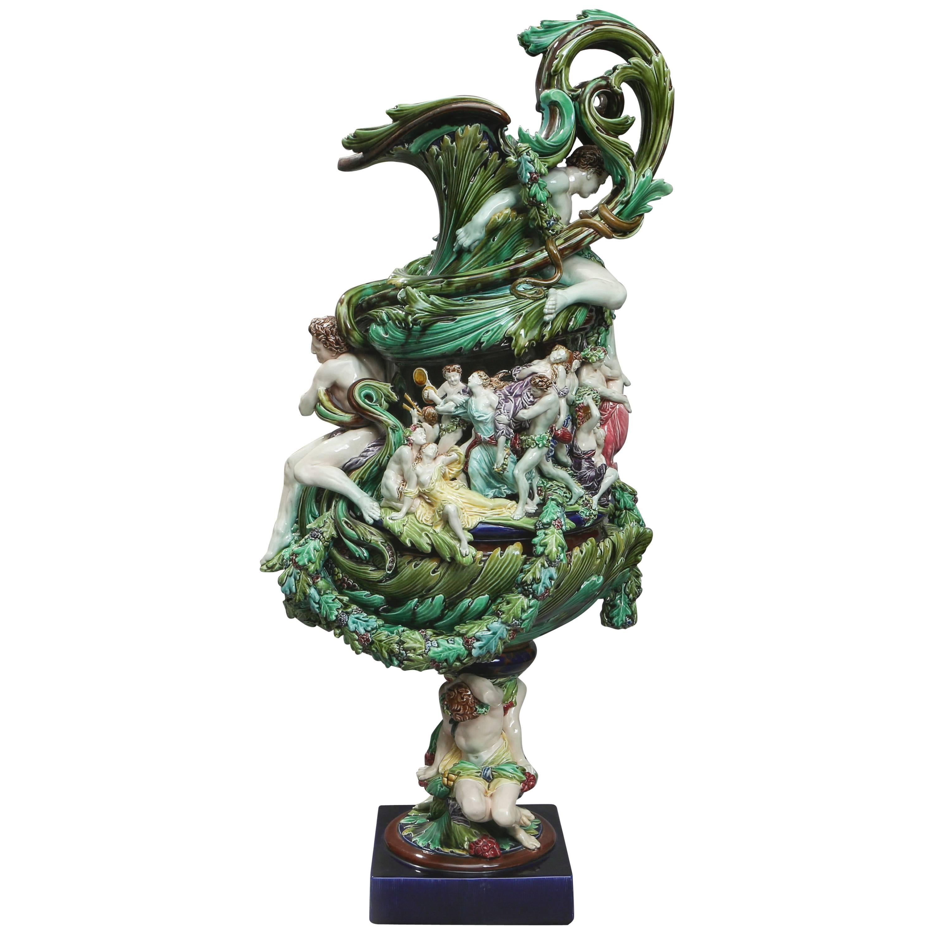 Impressive Large Majolica Ewer with Figures, 19th Century