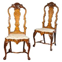 Exquisite Pair of Dutch Ivory and Fruitwood Marquetry Inlaid Walnut Side Chairs