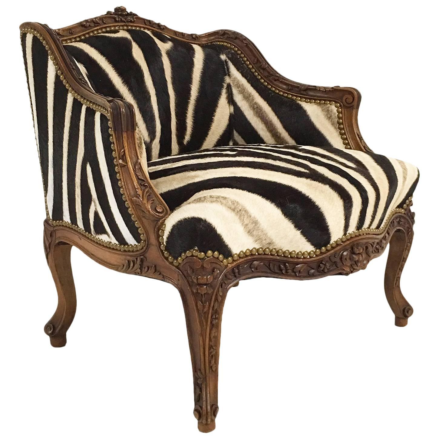 Small Vintage Carved Chair in Zebra Hide