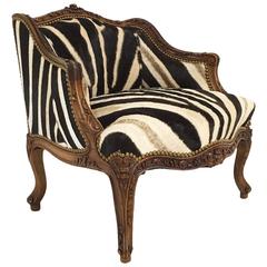 Small Vintage Carved Chair in Zebra Hide