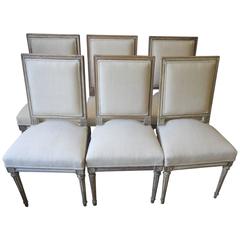 Six French 19th Century Painted Dining Room Chairs Upholstered in Antique Linen