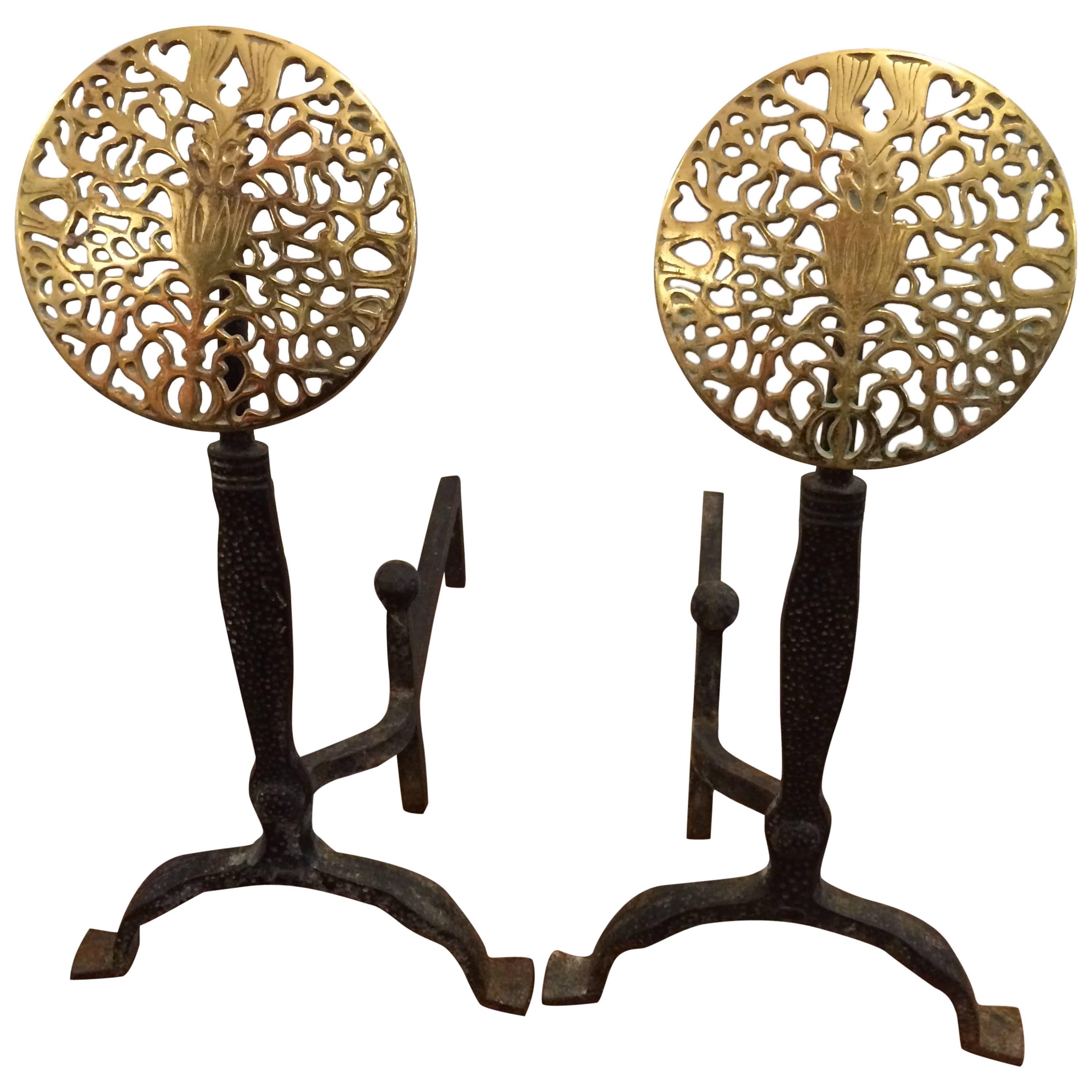 Pair of Stylish Wrought Iron and Brass Medallion Andirons