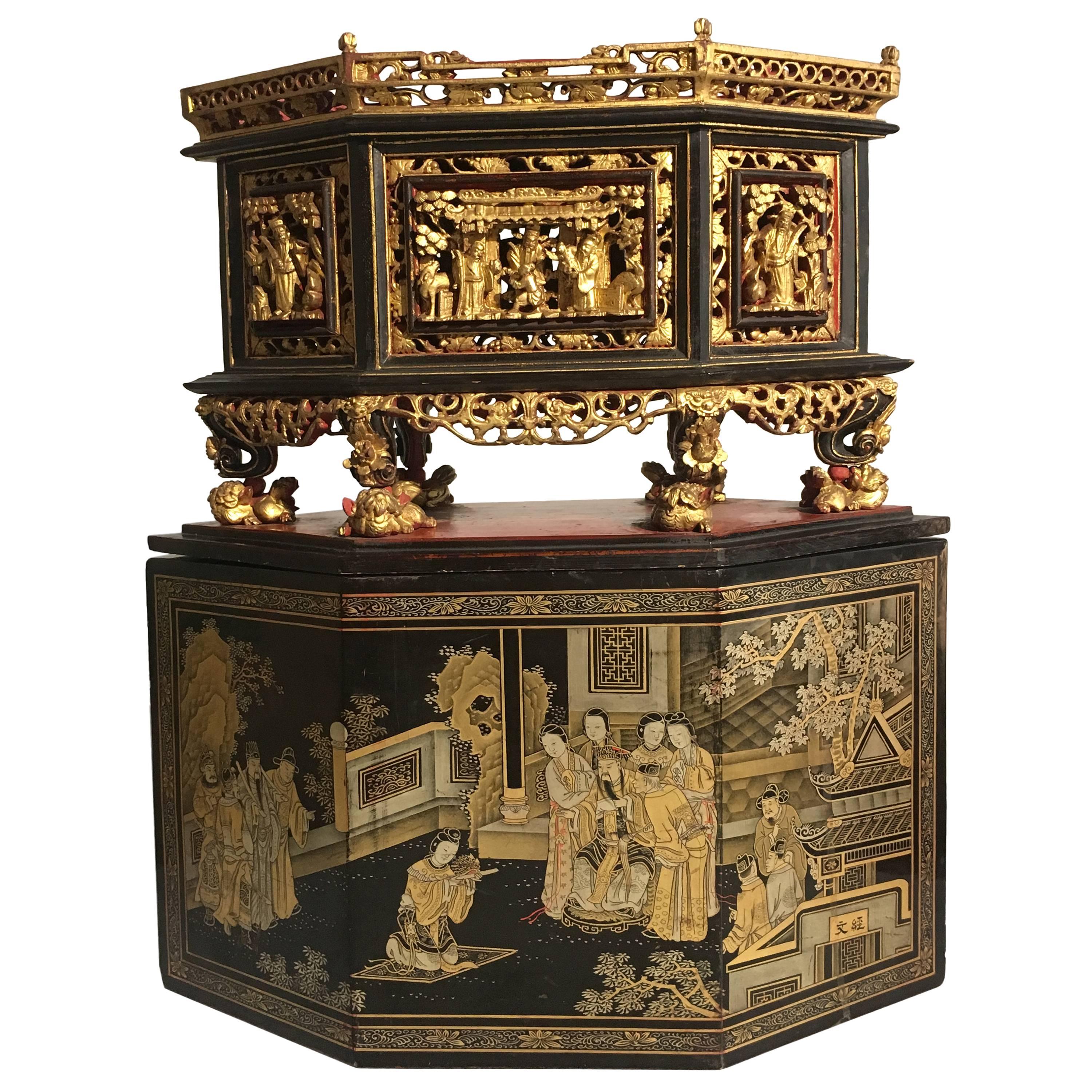 Straits Chinese Lacquer and Gilt Painted Altar Offering Box