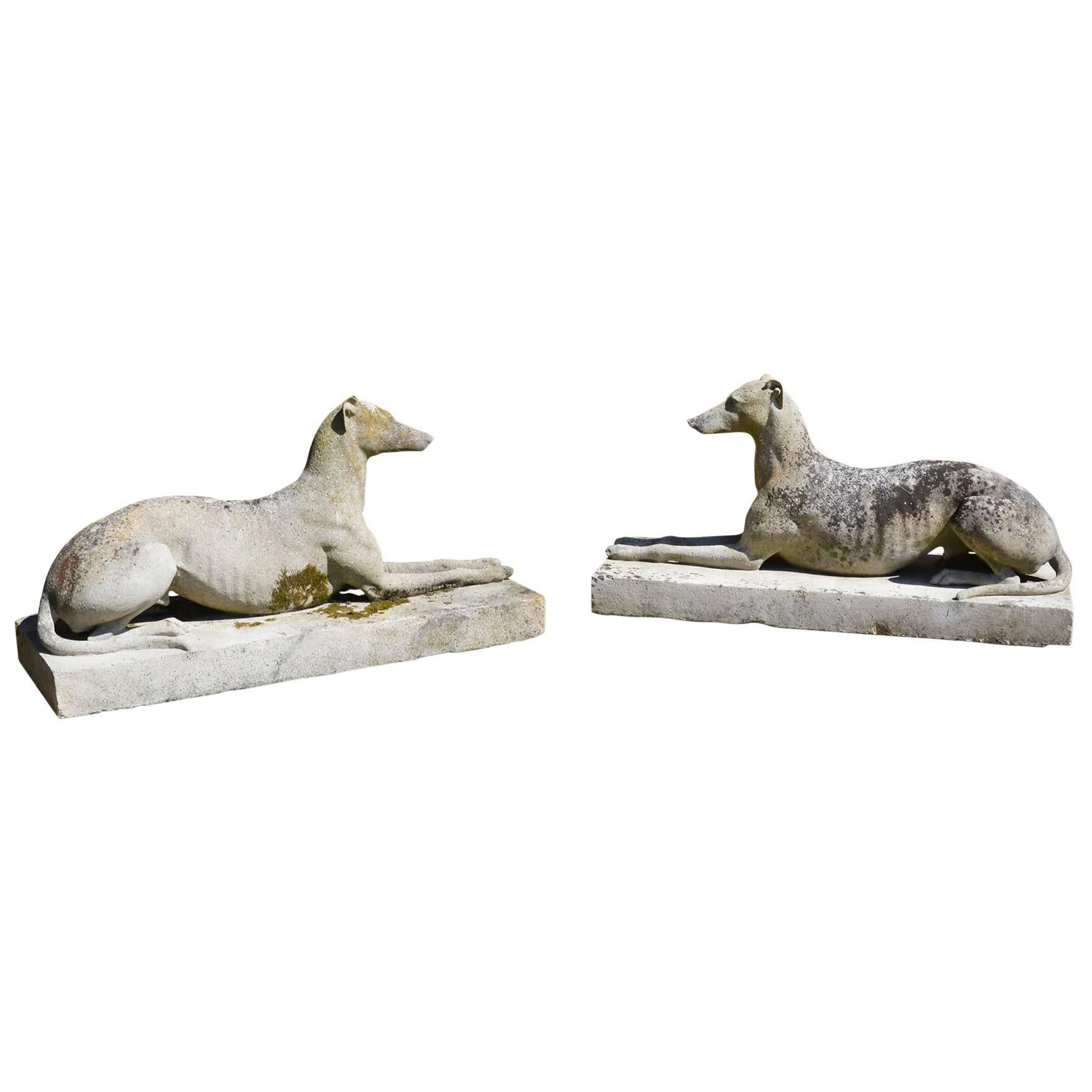 Large Pair of Composition Stone Reclining Greyhounds by Austin and Seeley