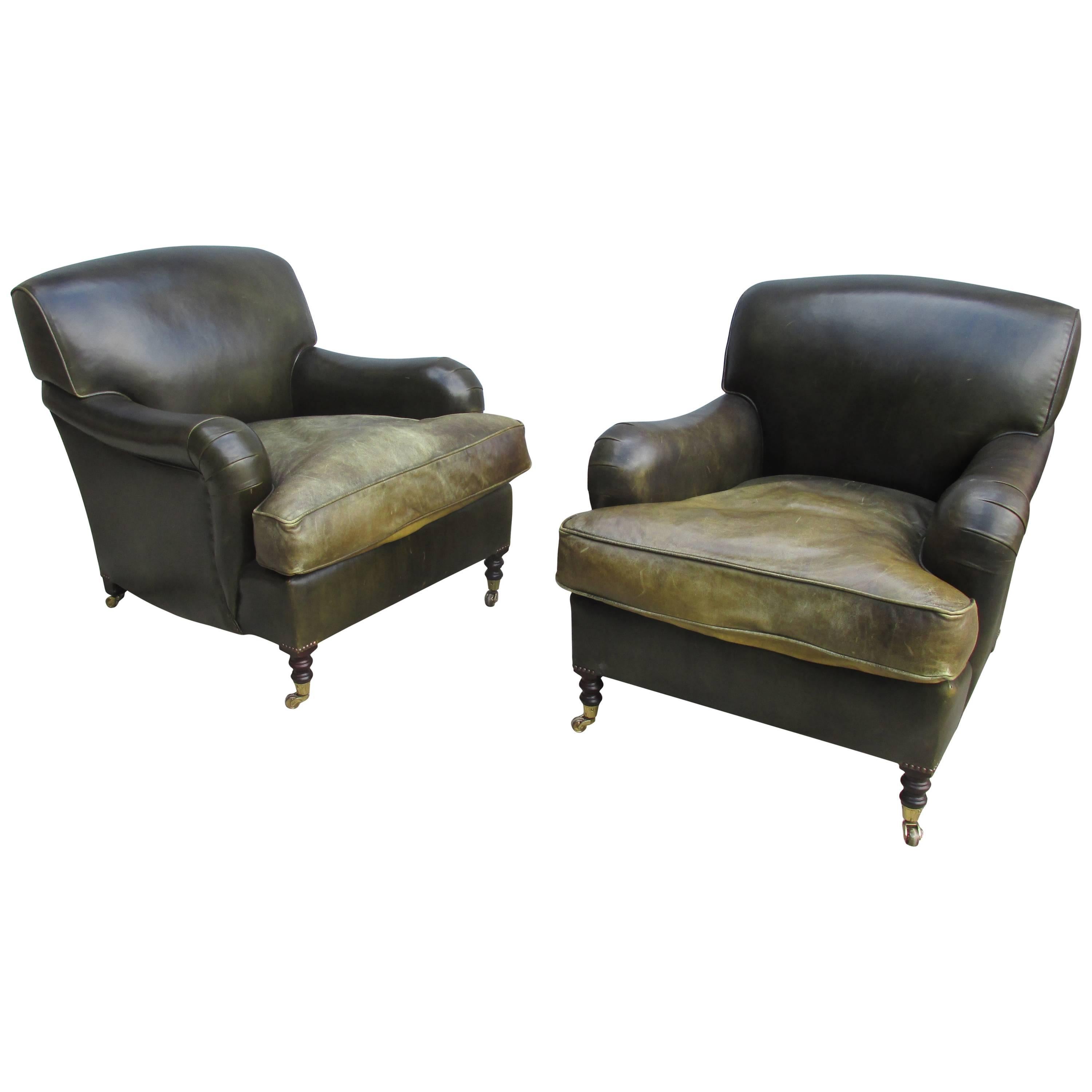 George Smith Pair of Medium Std. Armchairs in Dark Green Leather