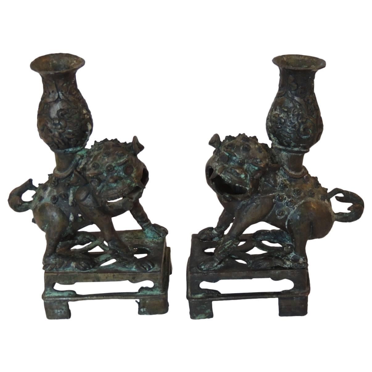 CLOSE OUT SALE: Pair of Antique Asian Bronze Foo Dogs Candle Holders