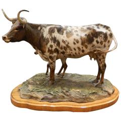 Hand Painted Bronze Sculpture of a Cow and Calf by Vel Miller , 20th Century